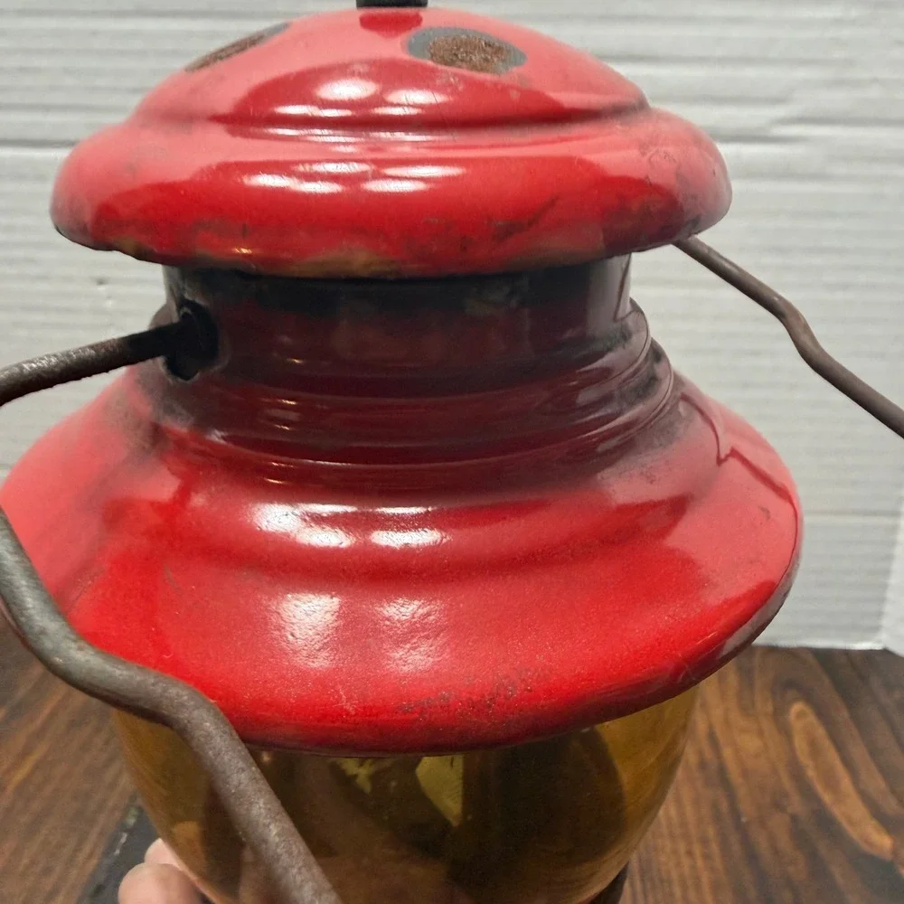Vintage Coleman 200A Lantern Red Single Mantle Amber Pyrex Globe USA Made AS IS
